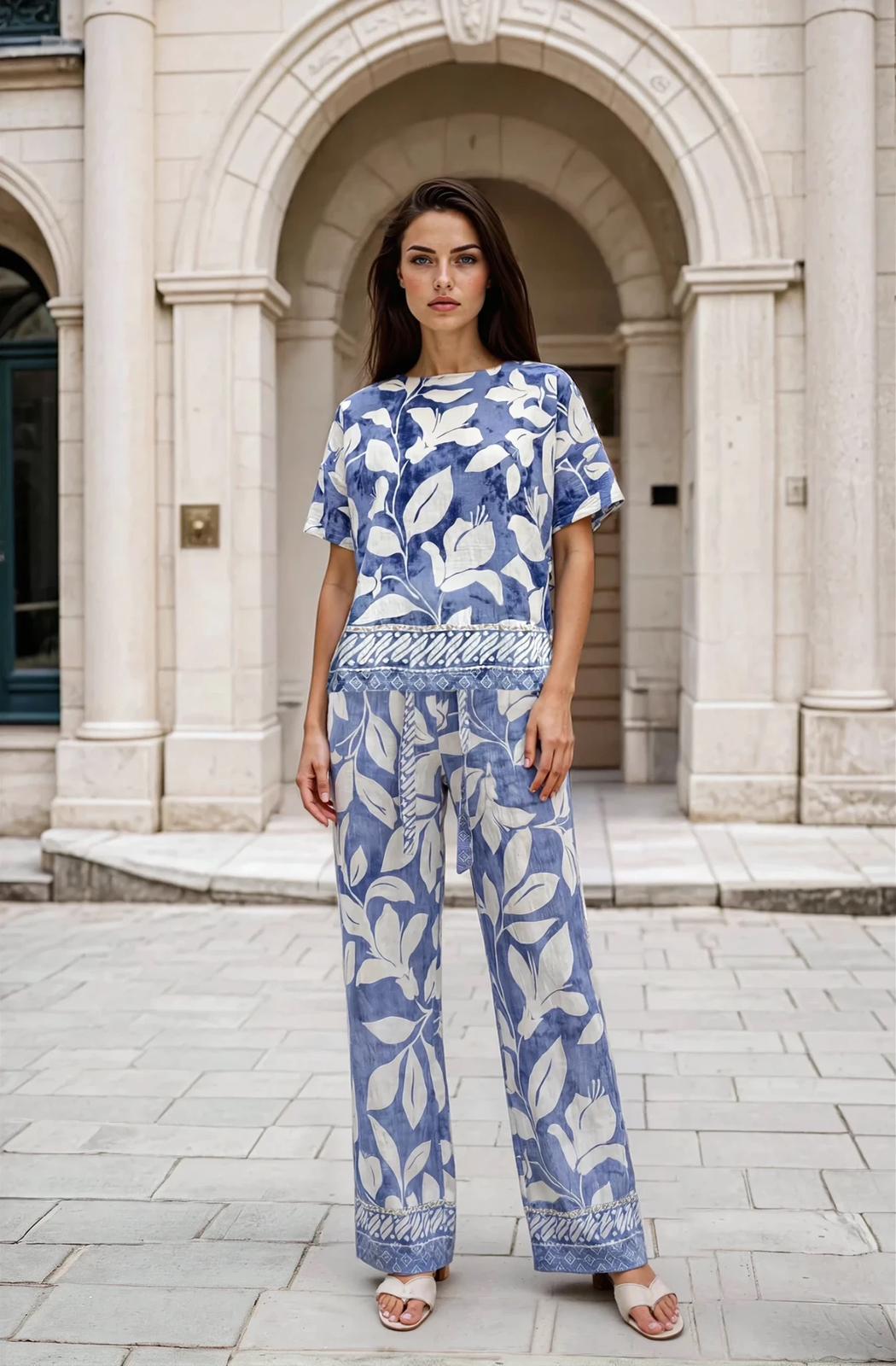 Botanical Border Print Trouser With Belt