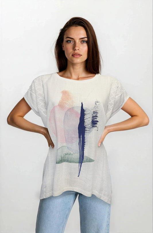 Multi Coloured Lace Panelled Elliptical Hem Summer Top