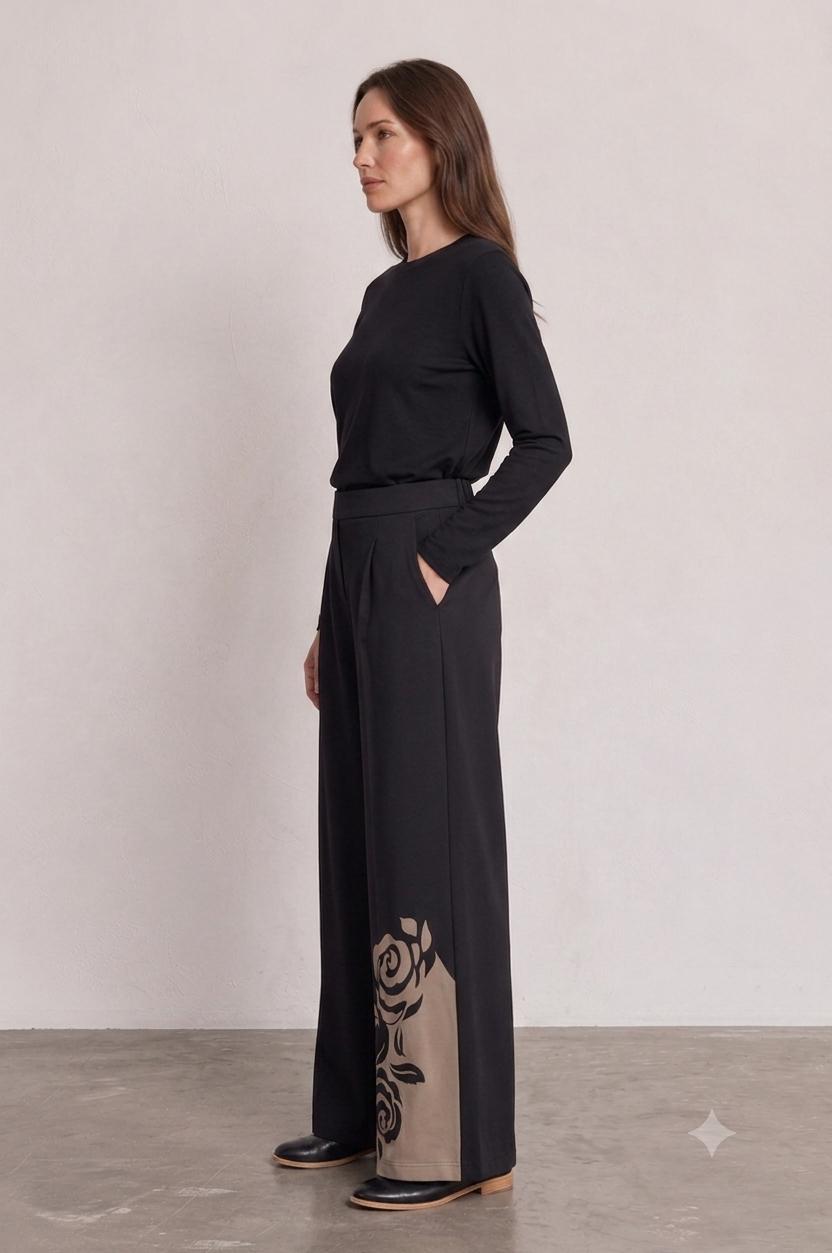 Floral Boarder Wide Leg Stretch Trousers