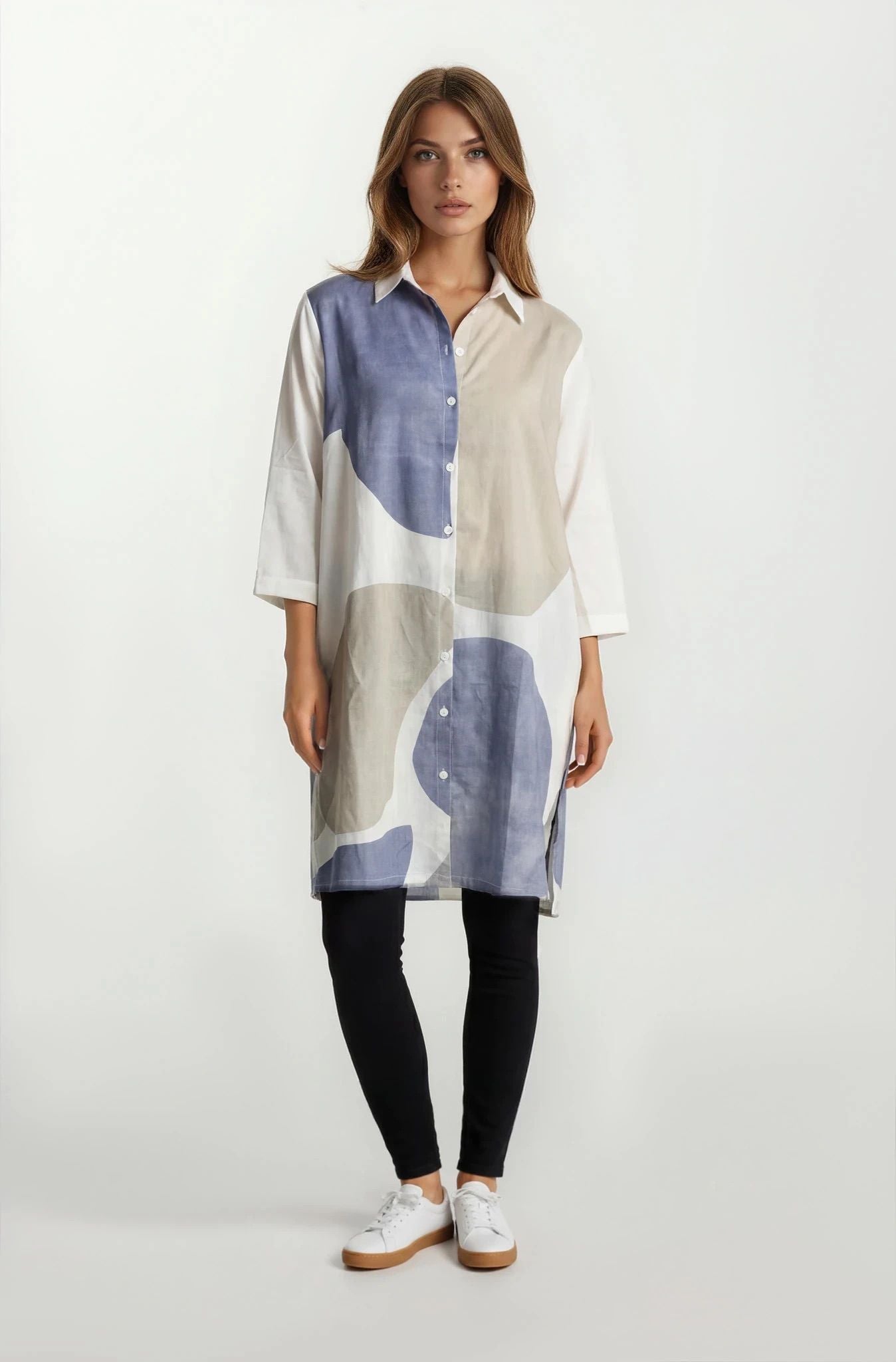 3/4 sleeve, A line shape shirt dress.