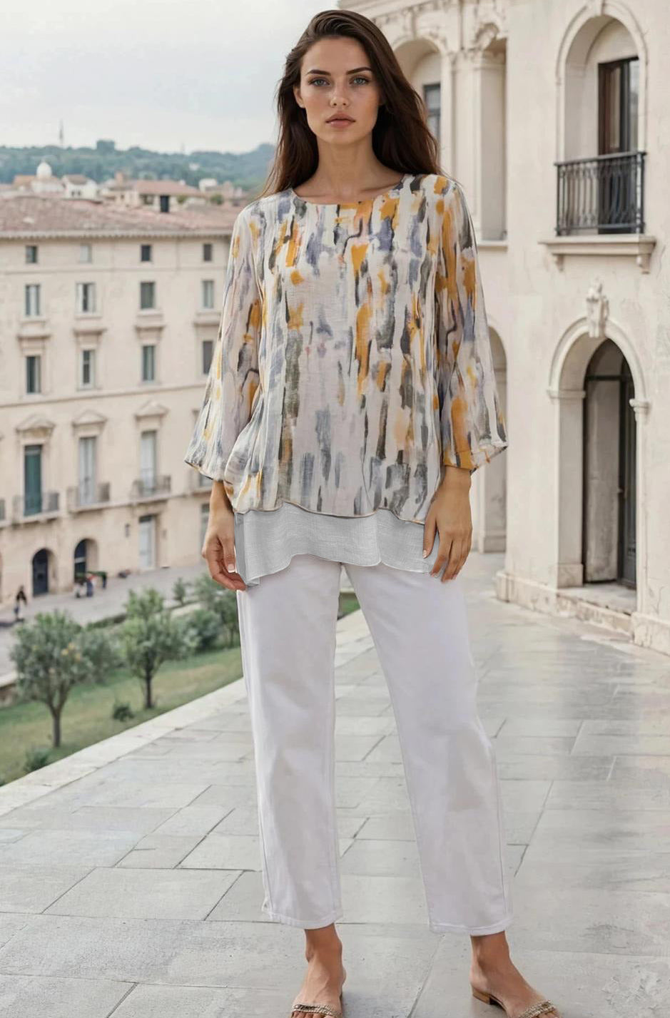 Yellow Abstract Print Double Layered Summer Top