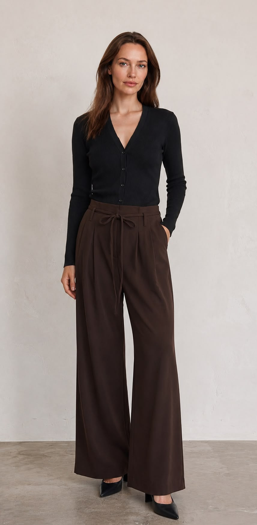 Pleated Tie-Belt Wide Leg Trousers
