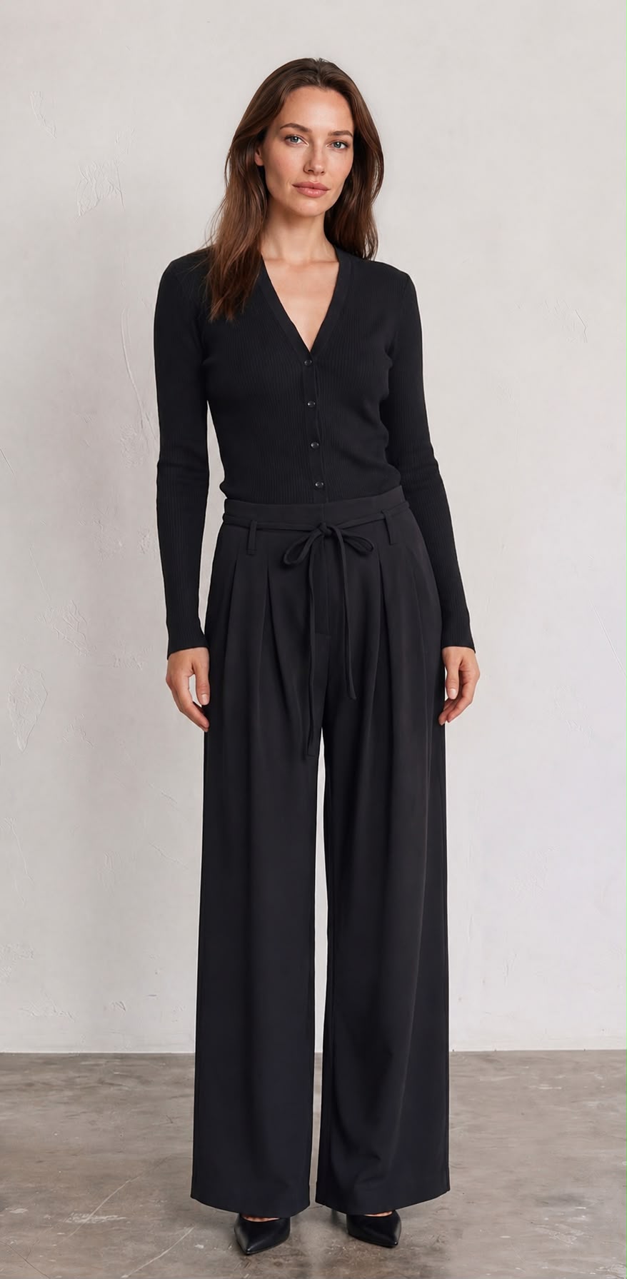 Pleated Tie-Belt Wide Leg Trousers