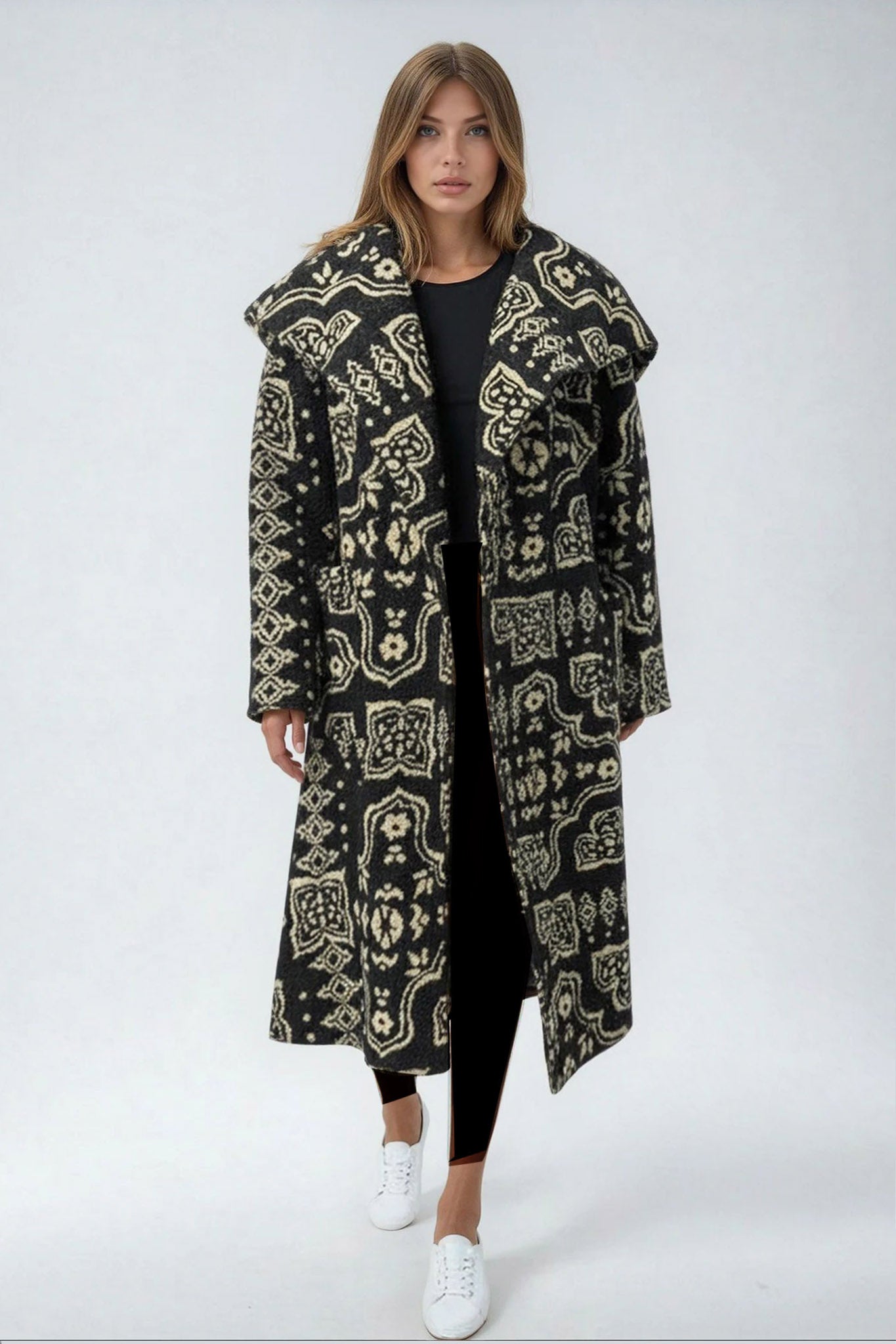 Printed Fleece Textured Waterfall Coat