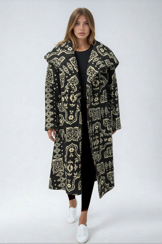 Printed Fleece Textured Waterfall Coat