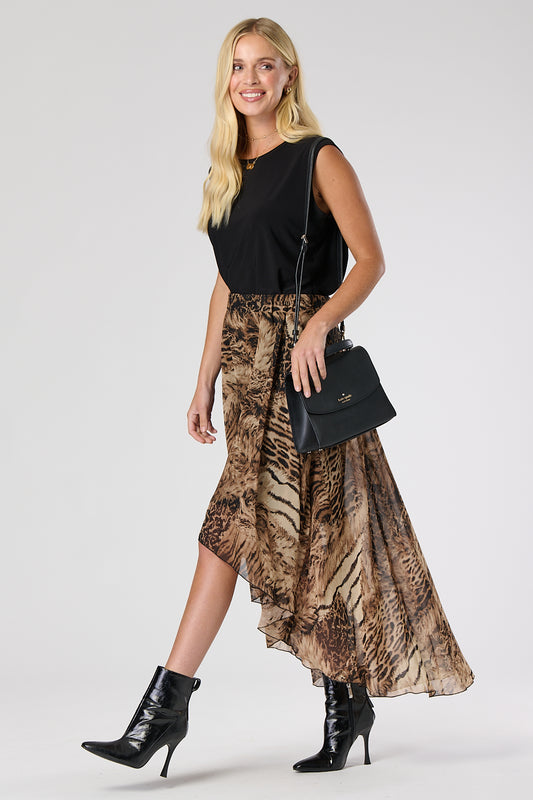Animal Print Chiffon Elliptical Hem Skirt
