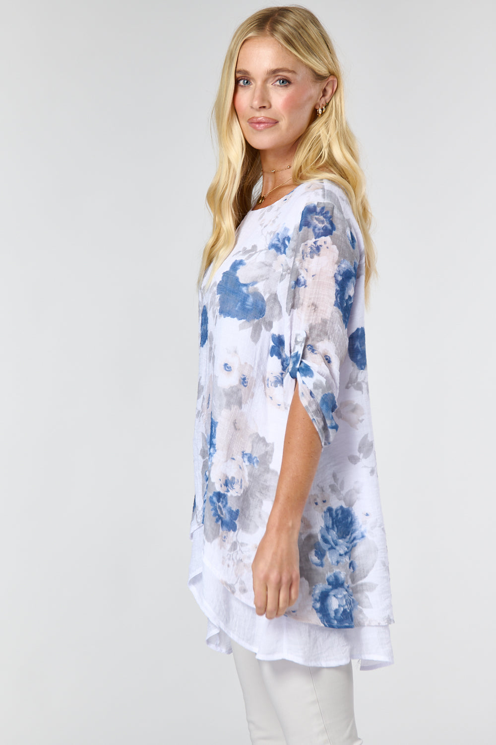 7418-B Floral Roll-up Sleeves Double Layer Top (Wholesale Pack Of 7) Pre-Order