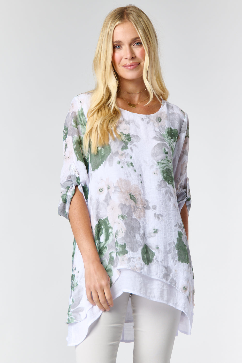 7418-B Floral Roll-up Sleeves Double Layer Top (Wholesale Pack Of 7) Pre-Order