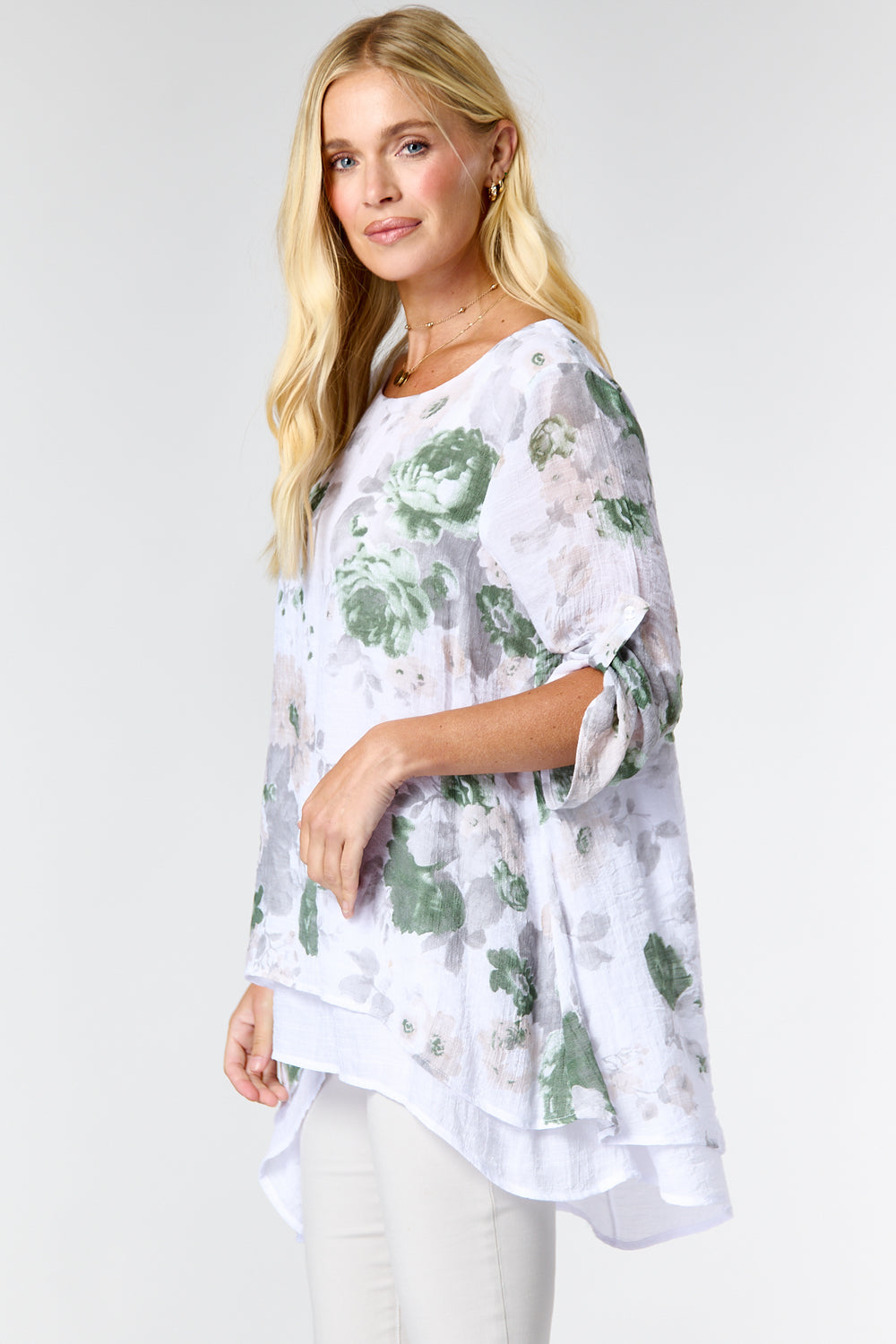 7418-B Floral Roll-up Sleeves Double Layer Top (Wholesale Pack Of 7) Pre-Order